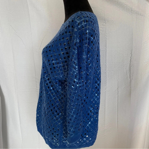Chico’s blue sequin 3/4 sleeve open weave sweater size 1. - Picture 2 of 5